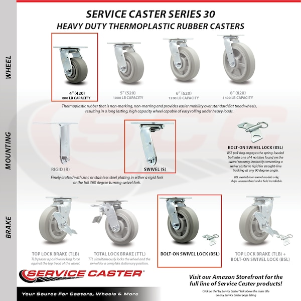4 Inch SS Thermoplastic Rubber Swivel Caster with Roller Bearing and Swivel Lock